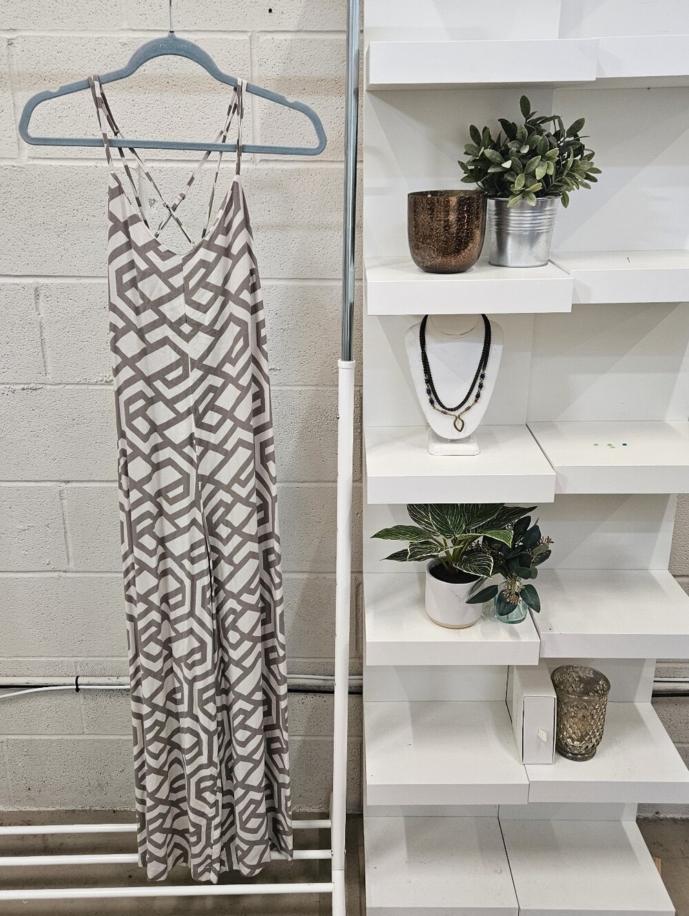 Geometric Print Strappy Jumpsuit in Cream and Taupe